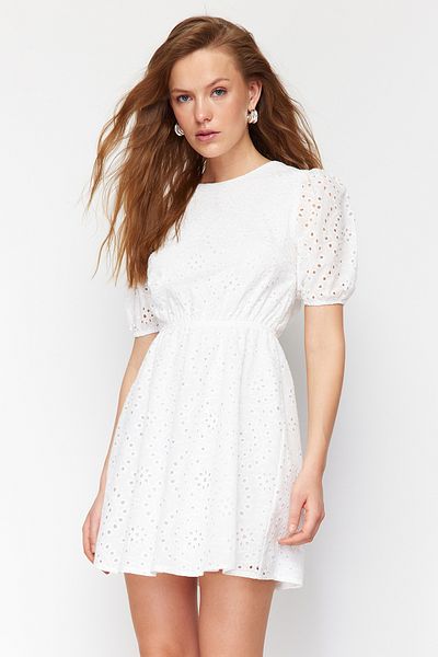 Trendyol Collection Ecru A-line Elastic Waist Mini Embroidery Woven Dress TWOSS24EL00736