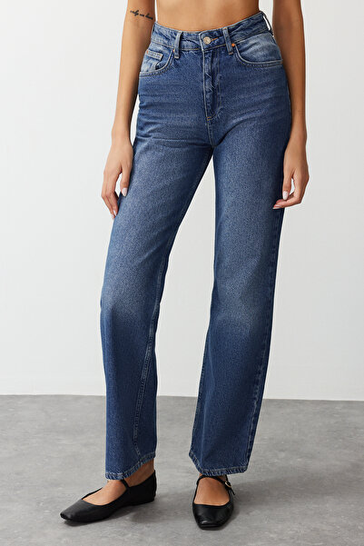 Trendyol Collection Μπλε τζιν ψηλόμεσο φαρδύ πόδι TWOAW24JE00073