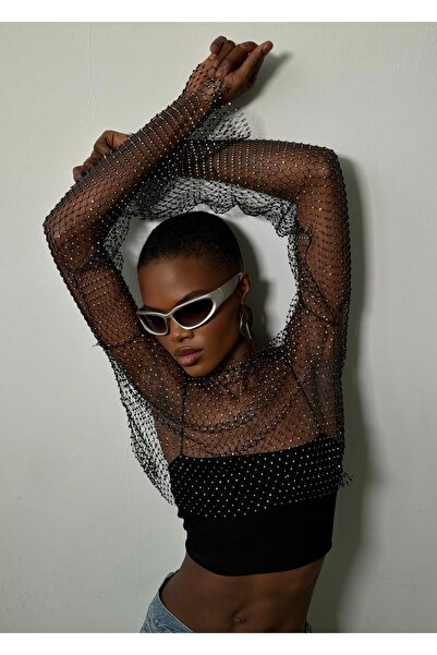 capilanocliffwalk Kadın Siyah Kristal Taşlı Uzun Kollu File Crop Bluz