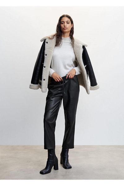 MANGO Woman Leather Look Elastic Waist Trousers
