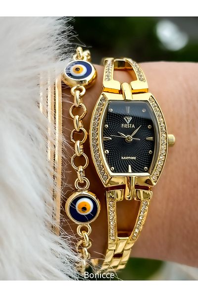 Fiesta Gold Yellow Steel Cord, Bridal, Engagement, Wedding Clock Handcuffs Model Wristwatch