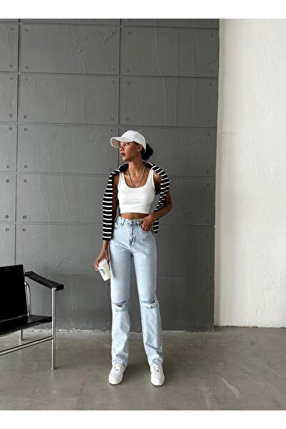 MY IMAGINE MODA Blue  Diz Yırtık Mom Jean