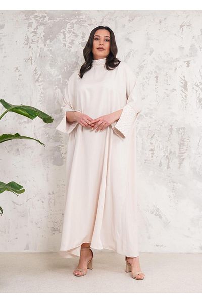 MAY MARA WOMEN'S DOMINANT COLLAR AND SLEEVES PEARL EMBROIDERED COMFORTABLE FIT DRESS ECRU