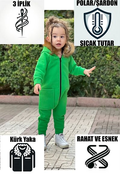 Ares Kids Fashion Green Fur Collar Unisex Jumpsuit Baby And Children's Clothing With Zipper Girls And Boys Holiday And Special Daily