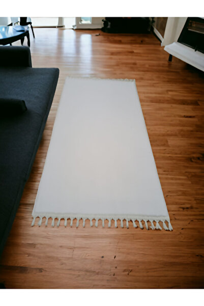 Altun pelüş karbeyaz ponpon saçaklı post kaymaz halı yolluk modern dekoratif