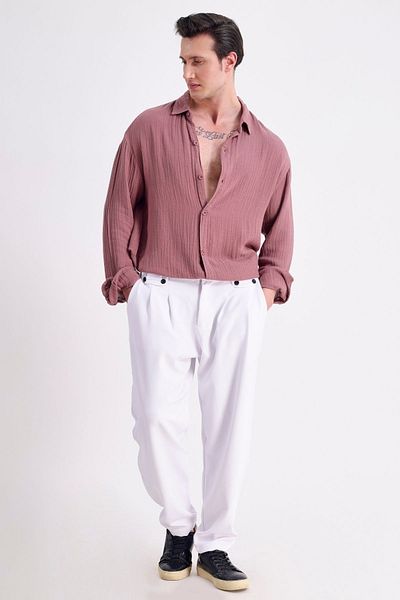 RELAXL Extra Loose Cut Αυτοζωνισμένο Διπλό Πλισέ Εποχιακό Ανδρικό Κομψό Λευκό Παντελόνι