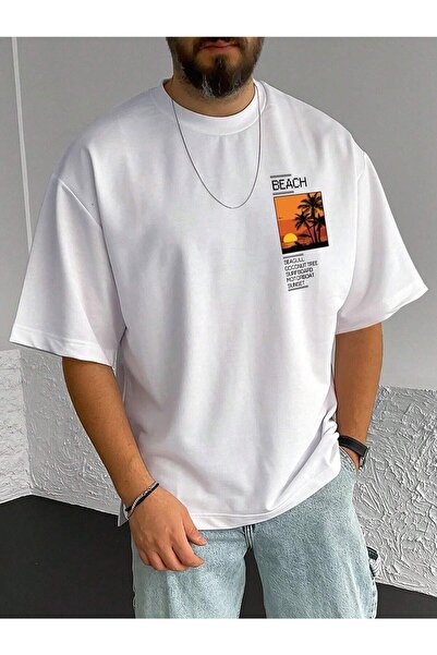 Deocept تي شيرت رجالي كبير الحجم مطبوع عليه صورة الشاطئ كاجوال Boyfirend