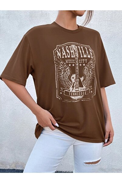 Deocept Γυναικείο μπλουζάκι με στάμπα Tennessee Oversize καφέ
