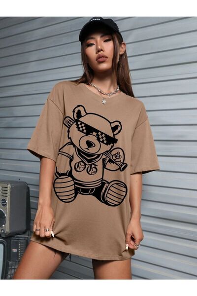 Deocept Bear With Glasses Printed Γυναικείο Oversize Καφέ T-shirt