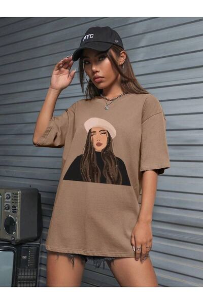 Deocept Γυναικείο μπλουζάκι καφέ Oversize με στάμπα Hat Girl