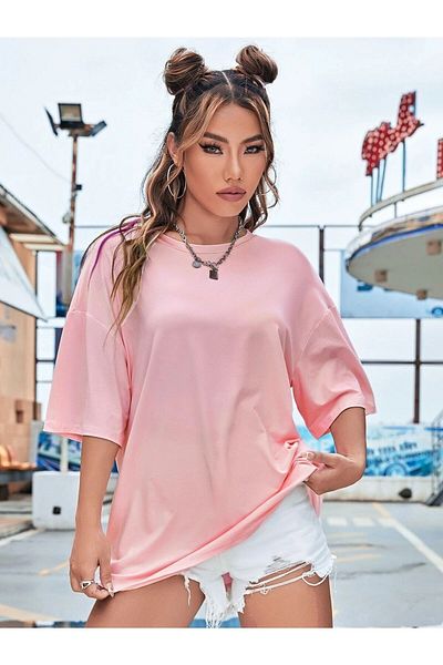 Deocept Pink Love Printed Pink Oversize Salas Boyfriend Tricou Top Bluză