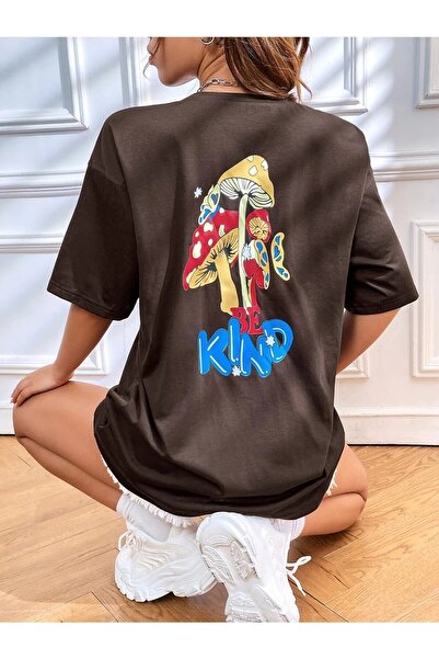 Deocept Γυναικείο υπερμεγέθη καφέ μπλουζάκι με στάμπα με μανιτάρια