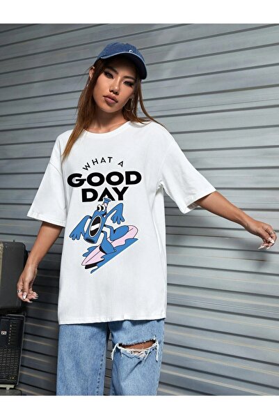 Deocept Good Day Printed Women's Oversize White Salas T-shirt Boyfriend