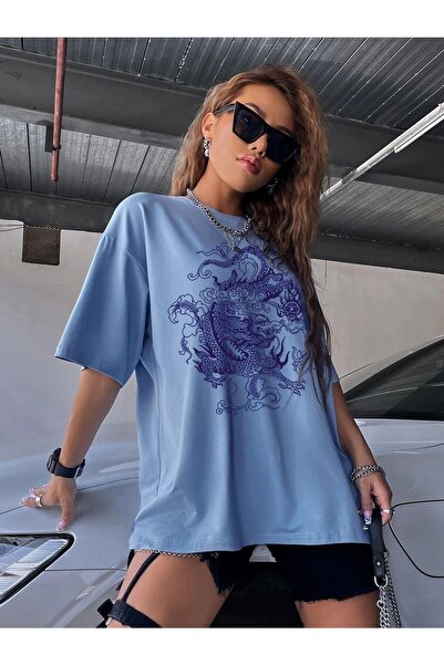 Deocept Μπλε Oversize T-shirt Dragon Printed