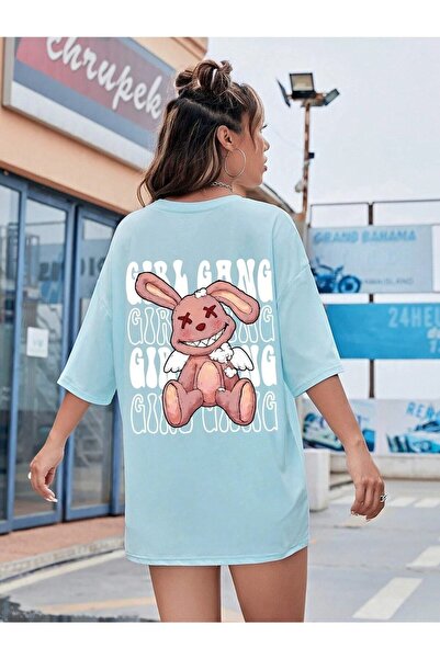 Deocept Girl Gang Printed Baby Blue Oversize T-shirt Casual Boyfirend