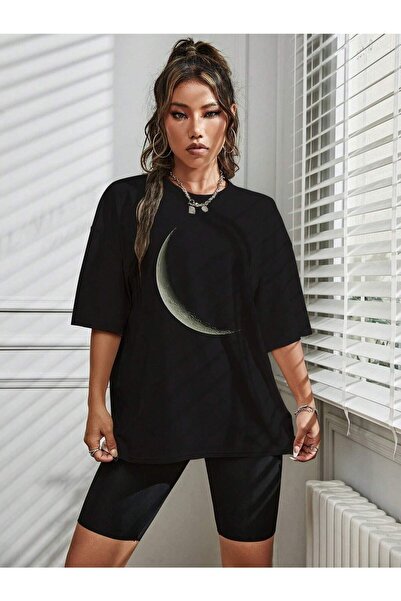 Deocept Moon Printed Black Oversize T-shirt Casual Boyfirend