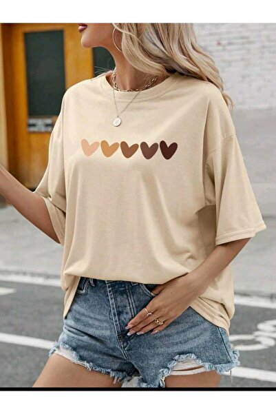 Deocept Γυναικείο μπλουζάκι Minimal Heart Printed Beige Oversize Salas Boyfriend