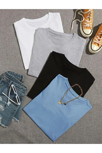 Deocept Unisex 4 Pack Μαύρο-άσπρο-γκρι-μωρό μπλε απλό μπλουζάκι με λαιμόκοψη