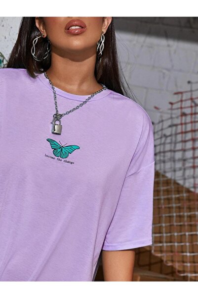 Deocept Tiny Butterfly Printed Oversize Tricou Casual Boyfirend