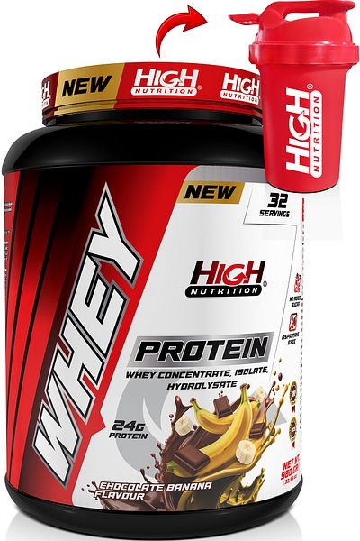 High Nutrition 960 gr Chocolate Banana Flavor Whey Protein - 24 grams Protein Powder, 32 Serving Shakers Gift