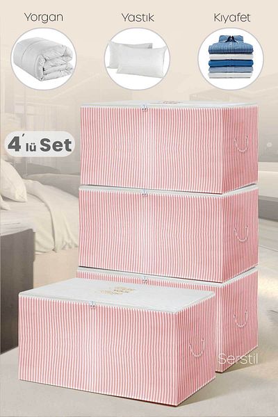 Serstil 4 Pieces - Large Size Pink Striped Storage Bag - 74 x 46 x 46 cm