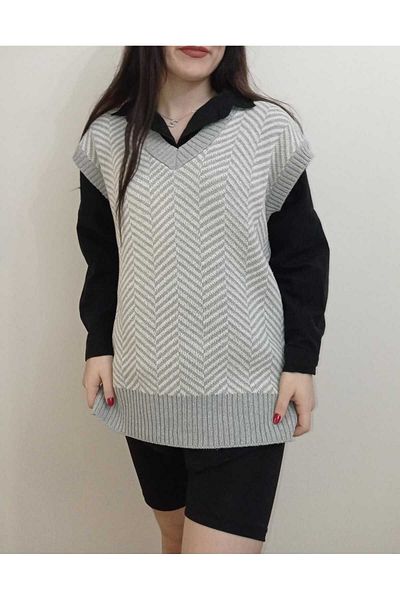 moda mh FASHION MH V-NECK FISH BACK GRAY STONE SUITER
