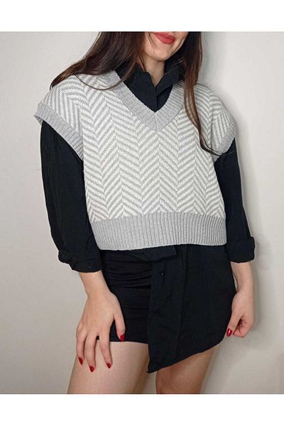moda mh FASHION MH V-NECK FISH BACK GRAY STONE SUITER