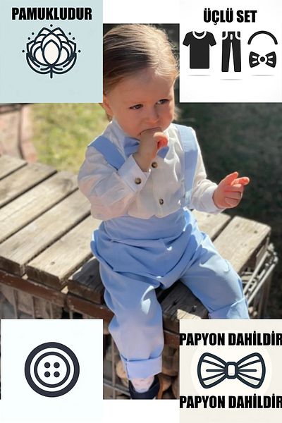 Ares Kids Fashion Cămașă și papion albă Salopet albastră Îmbrăcăminte pentru bebeluși și copii Cadou pentru băiat de sărbătoare
