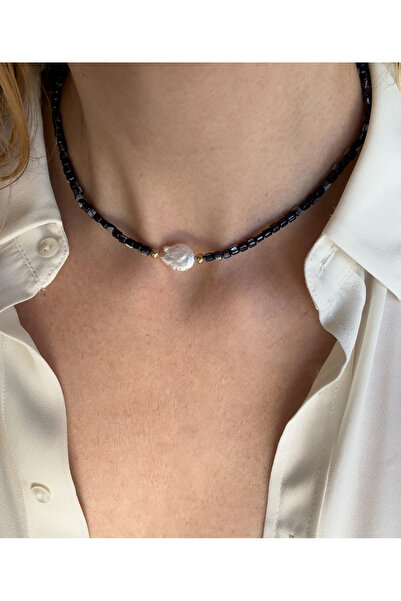 CAPO by Aytaç Yamaç Barok Inci Tanesi Siyah Sedef Kolye Doğal Taş Choker Kolye