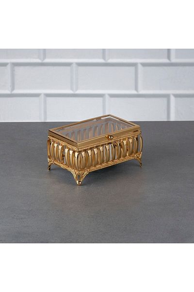 Hinora Hürrem Mini Jewelry Box Γυάλινο καπάκι Καθρέφτης Κουτί κοσμημάτων Μεταλλικό Χρυσό Στήθος 13x8x6 cm