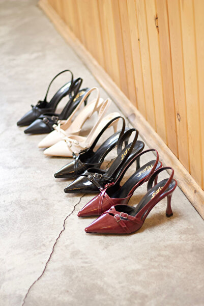 Minaj Store Claret Red Patent Leather Double Buckle Women's Heeled Shoes