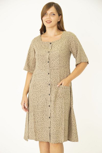 Şans Damska sukienka plus size taupe, tkanej wiskozy, z przednią kieszenią na guziki 65N36785