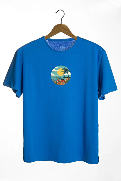 oneagılyazı Unisex prednji pejzaž Štampano Oversize kroj plava T-shirt