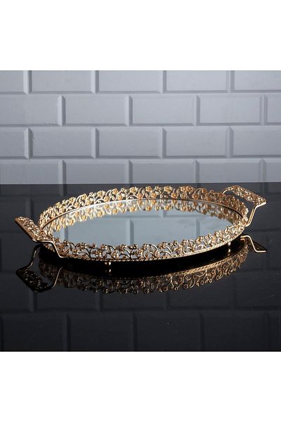Hinora Diamond Stone Oval Medium Δίσκος Καθρέφτης Μεταλλική λαβή Παρουσίαση τσαγιού καφέ Δίσκος σοκολάτας Χρυσό