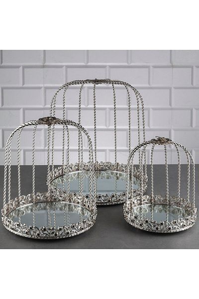 Hinora Diamond Stone Mirrored 3 Cage Σετ με πέτρες Μεταλλική θήκη παρουσίασης Jardinyer Δίσκος Ασημί