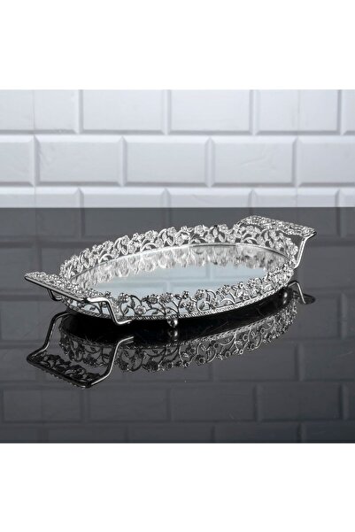 Hinora Pırlanta Taşlı Oval Küçük Tepsi Aynalı Metal Kulplu Kahve Sunumluk Çikolata Tepsisi Gümüş