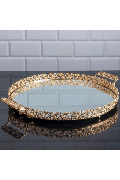 Hinora Tavă mare rotundă din piatră de diamant cu mânere metalice în oglindă Tavă de servire pentru cafea Aur 35 cm