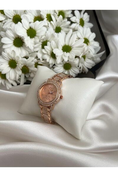 amurpars ساعة يد نسائية مرصعة باللون الوردي