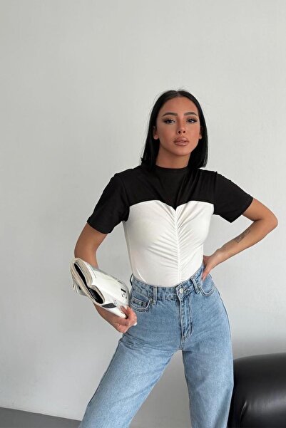 Ded COLLECTION تيشيرت نسائي من القطن الممشط بلونين مع تفاصيل رباط على الصدر و...