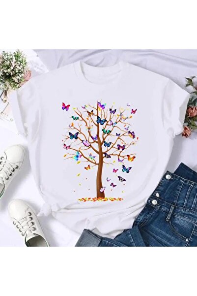 Women's T-shirt colorful butterfly Petal print short sleeve T-shirt Mod100