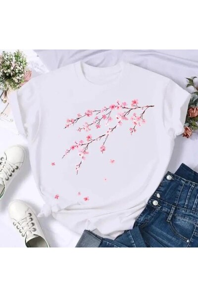 GALASHOP Kadın T-shirt renkli kelebek Petal baskı kısa kollu Tişört Mod99