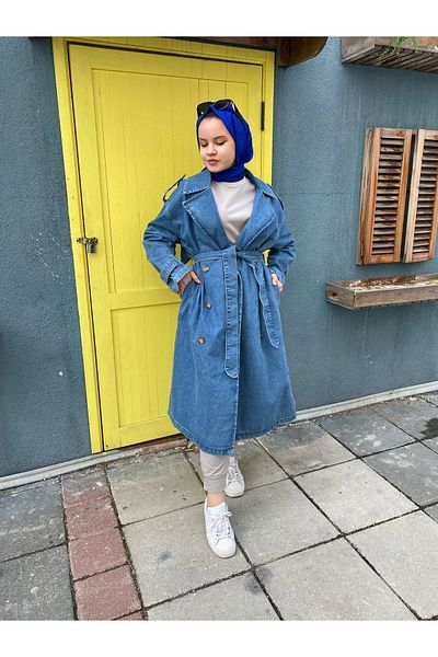 sermin şahinkaya butikalben Women's Long Jean Trench Coat - Jean Trench Coat