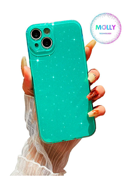 Molly iPhone 14 PLUS İçin Su Yeşili Berry Simli Parlak Silikon Kılıf