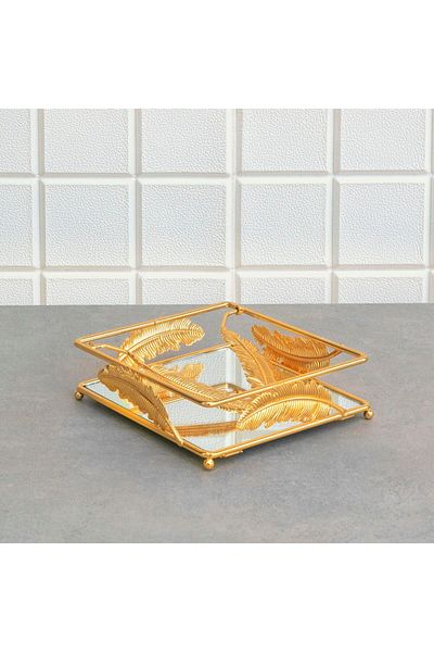 Hinora Leaf Metal Horizontal Mirrored Napkin Holder Gold Color Napkin Kite Free 17x17x6 Cm