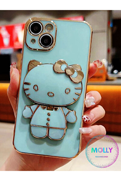 Molly iPhone 14 PLUS İçin Su Yeşili Hello Kitty Standlı Kenarları Gold Detayl...