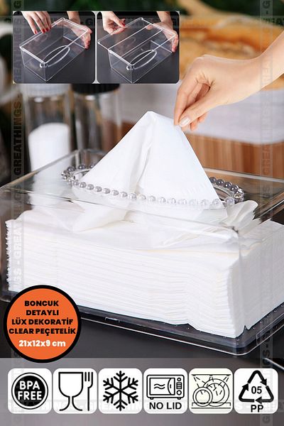 Greathings 1 Piece, Luxury Bead Detailed Clear Napkin Organizer, Napkin Holder, Dispenser, Rolled Towel Napkin