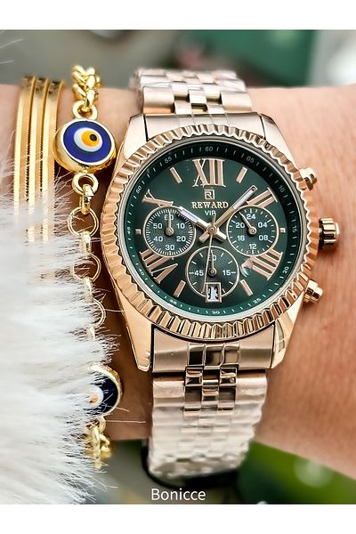 Reward Brand Steel Cord, Special Locking System, Rose Elegant Women's Wristwatch Evil Eye Beaded Bracelet