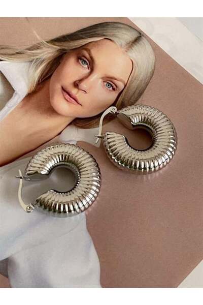 Serashine Kadın Silver Tırtıklı Bombeli Kalın Halka Küpe