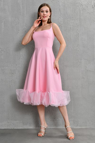 lovebox Atlas Fabric Thin Strap Skirt with Tulle Detail and Flared Cut Midi Length Pink Evening Dress 9326