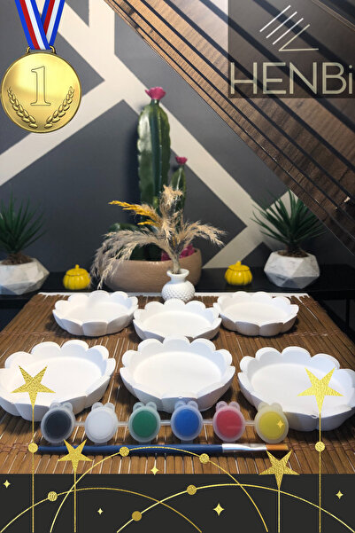 HENBi 6 Adet Kupa Bardak Altı Taş Boyama Seti Küçük Saksı Altı Aile Etkinliği...